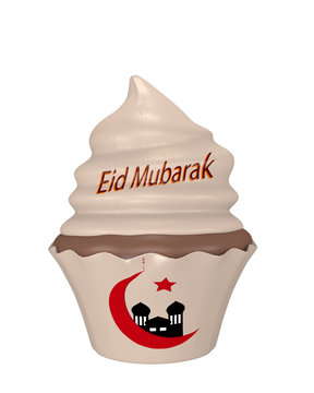 Cupcake mit dem Text Eid Mubarak, Halbmond und Moschee.