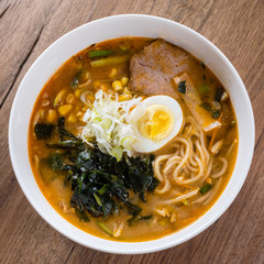 Ramen miso of Meat with pork, soy milk, pork broth,.black mushrooms, eggs, onions, corn, carrots and courgettes