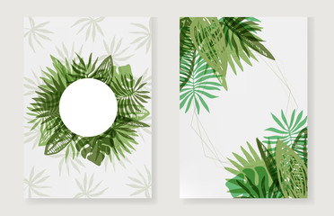 Set of fresh green color frames with round and corners mess of hand drawn tropical leaves. Trendy vertical exotic greenery border for summer greeting cards, banner design, wedding decoration