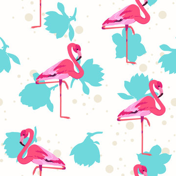 Pink flamingo tropical floral seamless pattern.Hibiscus flowers with exotic birds.Hawaiian background with flamingo and tropical plants.