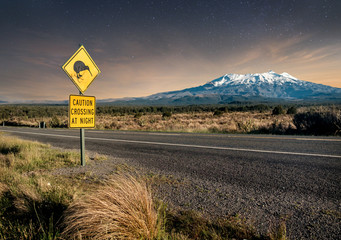 Kiwi crossing sign at night next to snowy Mount Ruapehu in New Zealand's Tongariro national park.