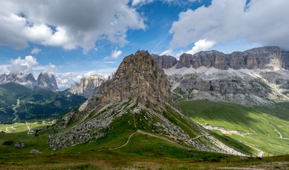 Panoramic view of the Italian Dolomites as seen from mountain Refuge Sass Becè in Italy