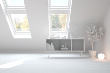 Fototapeta na wymiar White stylish empty room with autumn landscape in window. Scandinavian interior design. 3D illustration