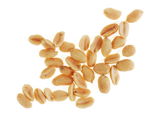 Pile salted and marinated peanuts isolated on white, top view.