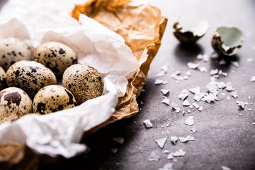 Natural quail eggs on the kitchen table.