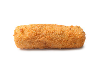 Tasty crispy cheese stick on white background
