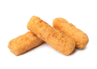 Tasty crispy cheese sticks on white background