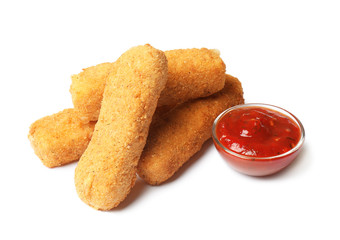 Tasty crispy cheese sticks with sauce on white background