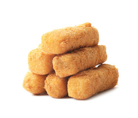 Tasty crispy cheese sticks on white background