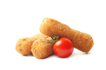 Tasty crispy cheese sticks with tomato on white background