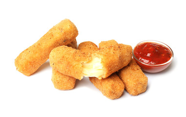 Tasty crispy cheese sticks with sauce on white background