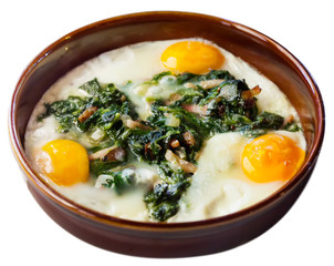 Fried eggs with spinach, raisins, ham