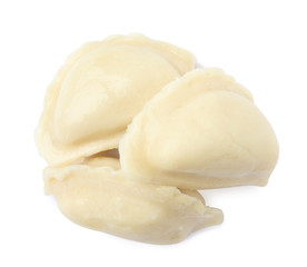 Tasty boiled dumplings on white background, top view
