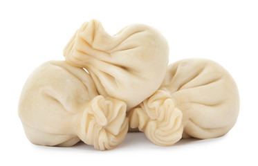 Boiled dumplings with tasty filling on white background
