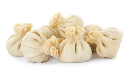 Boiled dumplings with tasty filling on white background