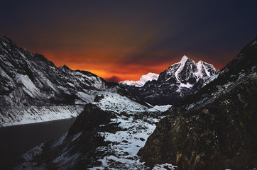 Stunning view of winter Himalayan mountain landscape at night at high altitude