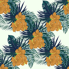 Tropical pattern with hibiscus flowers and leaves. Exotic seamless pattern with tropical leaves. Ethnic Background with Hawaiian flowers and plants.