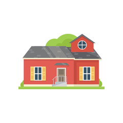 Red classic village house with big windows and fence