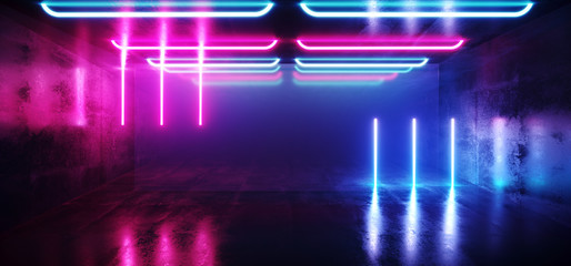 Fluorescent Vibrant Neon Futuristic Sci Fi Glowing Purple Blue Virtual Reality Cyber Tunnel Concrete Grunge Floor Room Hall Studio Stage Empty Space Background 3D Rendering