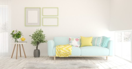 White stylish minimalist room with sofa. Scandinavian interior design. 3D illustration