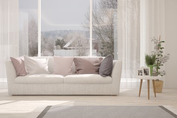 White stylish minimalist room with sofa and winter landscape in window. Scandinavian interior design. 3D illustration