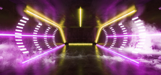 Smoke Fog Fluorescent Vibrant Neon Futuristic Sci Fi Glowing Purple Yellow Virtual Reality Cyber Tunnel Concrete Grunge Floor Room Hall Studio Stage Empty Space Background 3D Rendering