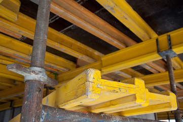 Part of the formwork on a construction site. Organization of concrete work at a construction site. Reinforced construction.