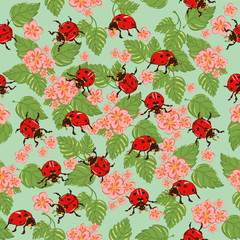 graphic pattern ladybugs with leaves and flowers