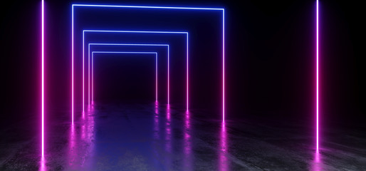 Purple Blue Vibrant Neon Fluorescent Rectangle Shaped Sci Fi Futuristic Track Path Grunge Concrete Glossy Reflective Floor Underground Garage Black Psychedelic Pattern 3D Rendering