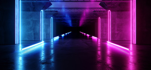 Obraz premium Spaceship Virtual Futuristic Sci Fi Neon Glowing Fluorescent Track Purple Blue Pink Corridor Path Gate Tunnel Gallery Light Lines Triangle Shaped Underground Grunge Concrete Glossy Dark 3D Rendering