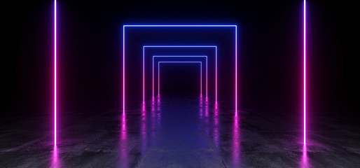 Fototapeta premium Purple Blue Vibrant Neon Fluorescent Rectangle Shaped Sci Fi Futuristic Track Path Grunge Concrete Glossy Reflective Floor Underground Garage Black Psychedelic Pattern 3D Rendering