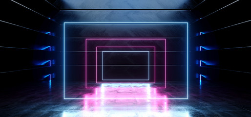 Virtual Dark Empty Spaceship Alien Glossy Reflective Concrete Neon Glowing Fluorescent Purple Blue Vibrant Rectangle Frame Shaped Lights Cyber Reality Sci Fi Futuristic 3D Rendering