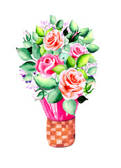 A balloon of green leaves and delicate rose flowers. Original bouquet for interesting illustrations.