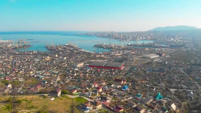 4k footage of the bay in Novorossiysk city. shooting from drone, camera movement forward. Shooting the city from a height