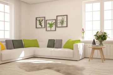 White stylish minimalist room with sofa. Scandinavian interior design. 3D illustration