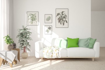 White stylish minimalist room with sofa. Scandinavian interior design. 3D illustration