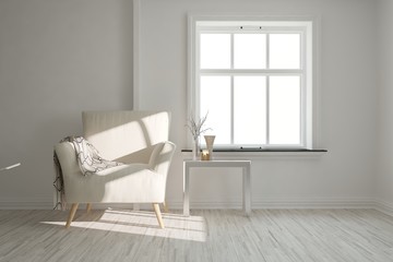 Fototapeta na wymiar White cozy minimalist room with armchair. Scandinavian interior design. 3D illustration