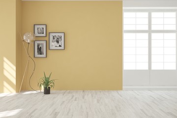 White stylish empty room with winter landscape in window. Scandinavian interior design. 3D illustration