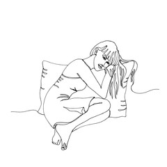 attractive girl is sitting with a pillow, hand drawn pen line art, single line drawing