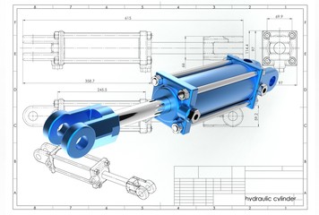3d illustration of hydraulic cylinder above technical engineering drawing - obrazy, fototapety, plakaty