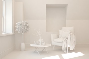 Stylish minimalist room with armchair in white color. Scandinavian interior design. 3D illustration