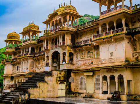 Main palace of Galta Ji Mandir, the Monkey Temple near Jaipur, India