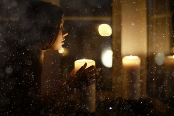 Romantic evening with candles girl, candles, house