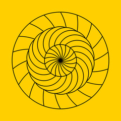 Twirling spin circle. Circular geometric pattern with moving effect of rotation. Optical symbol with stroked lines on color background.