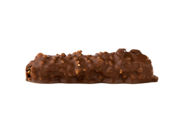 Chocolate bar on a white background. Candy with peanuts and raisins, caramel, puffed rice waffles, in chocolate isolated on white background.