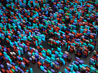 Obraz premium Drone pile of shipping containers freight cargo in city depot warehouse. Outdoor solving logistical urban problems. Birds eye view shooting . 3d rendering.