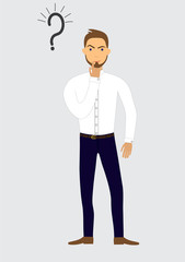 Vector illustration a handsome young  man looking for a solution, thinking, understands problem .Vector cartoon characters illustration.