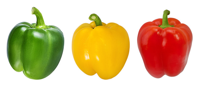 Red, green and yellow peppers  isolated.  With clipping path.