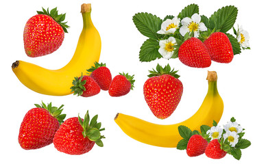 Bananas and strawberries isolated on white.
