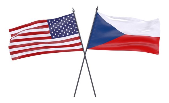 USA and Czech Republic, two crossed flags isolated on white background. 3d image